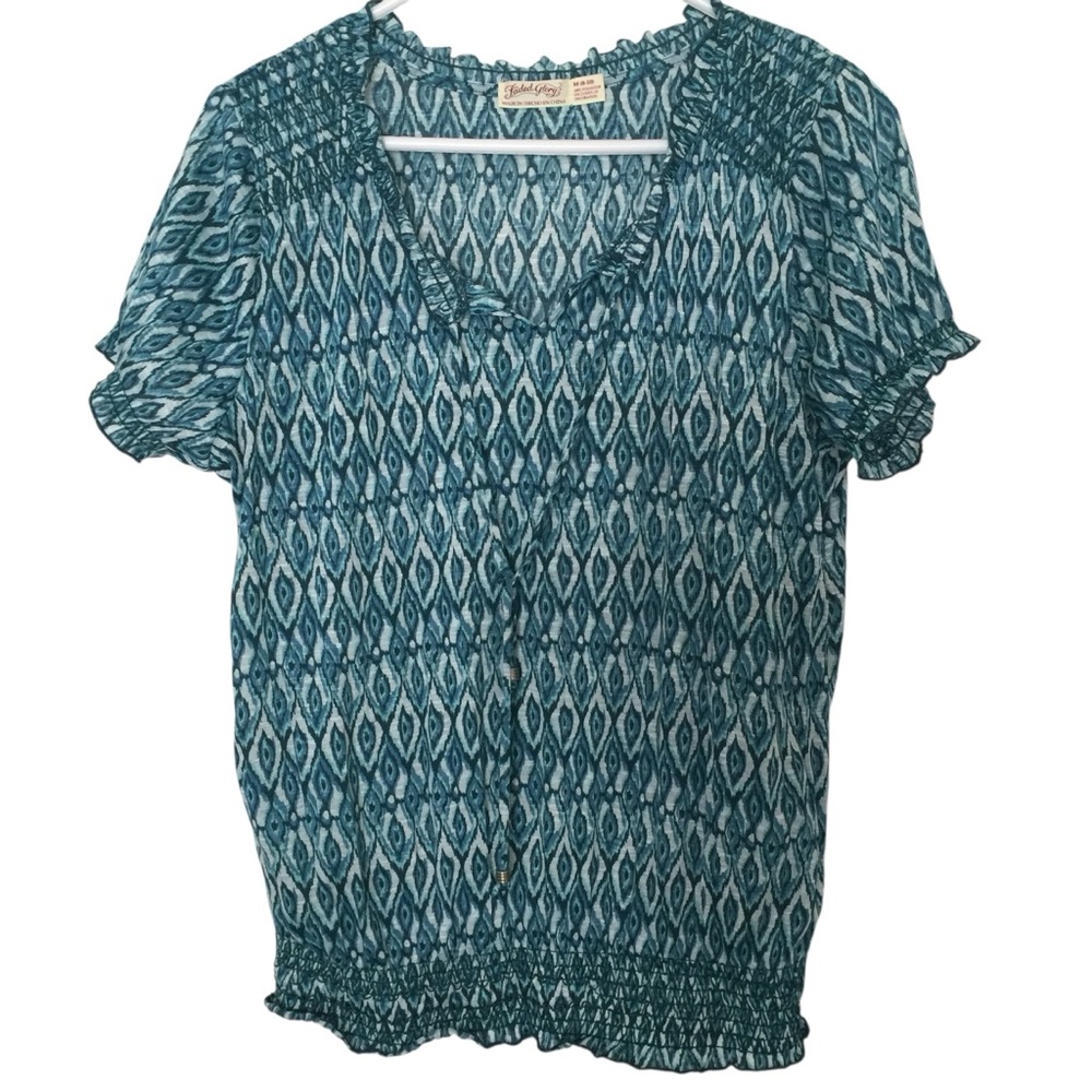 Faded Glory Geometrical Print Blouse Medium Teal Ruffle Short Sleeve Tassels